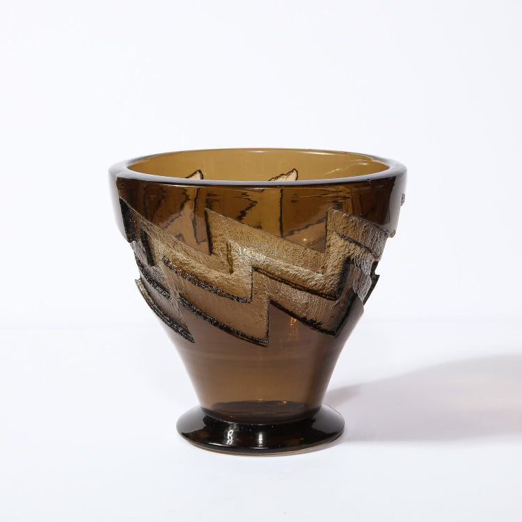 Art Deco Smoked Glass Vase with Recessed Molded Zig Zag Motif, Signed Daum Nancy, 8'5" High 9" Diameter