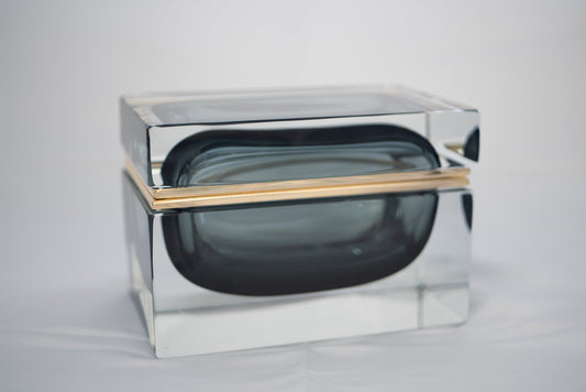 Hand Made Italian Glass Box -  Smoke - Gold Trim