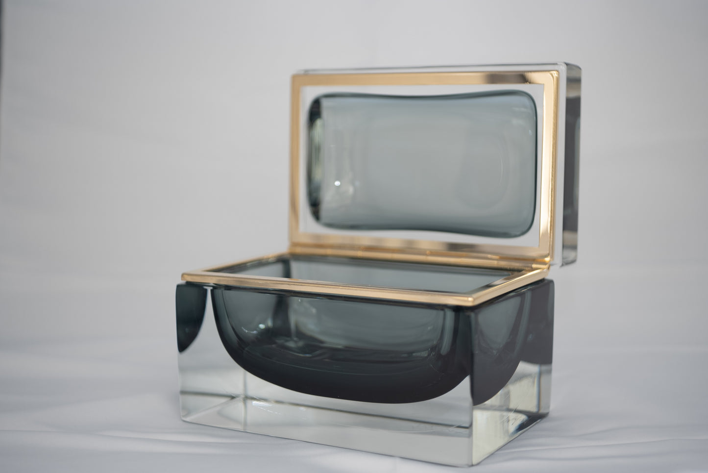 Hand Made Italian Glass Box - Smoke - Gold Trim