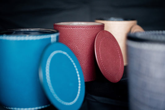 Leather Cased Candles (Plum, Camel, Grey Crocodile) 3" Diameter x 4" High