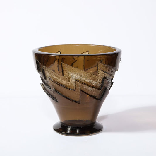 Art Deco Smoked Glass Vase with Recessed Molded Zig Zag Motif, Signed Daum Nancy, 8'5" High 9" Diameter