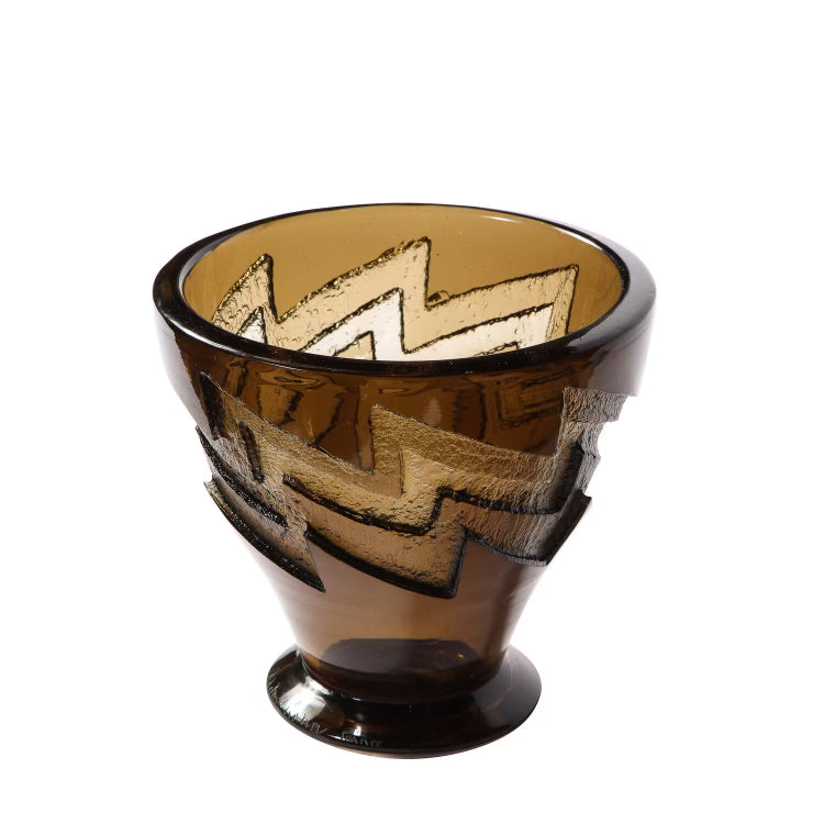 Art Deco Smoked Glass Vase with Recessed Molded Zig Zag Motif, Signed Daum Nancy, 8'5" High 9" Diameter