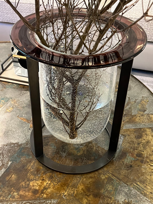 Murano Glass Vase, made of smooth dark bronze frame with Murano Glass insert