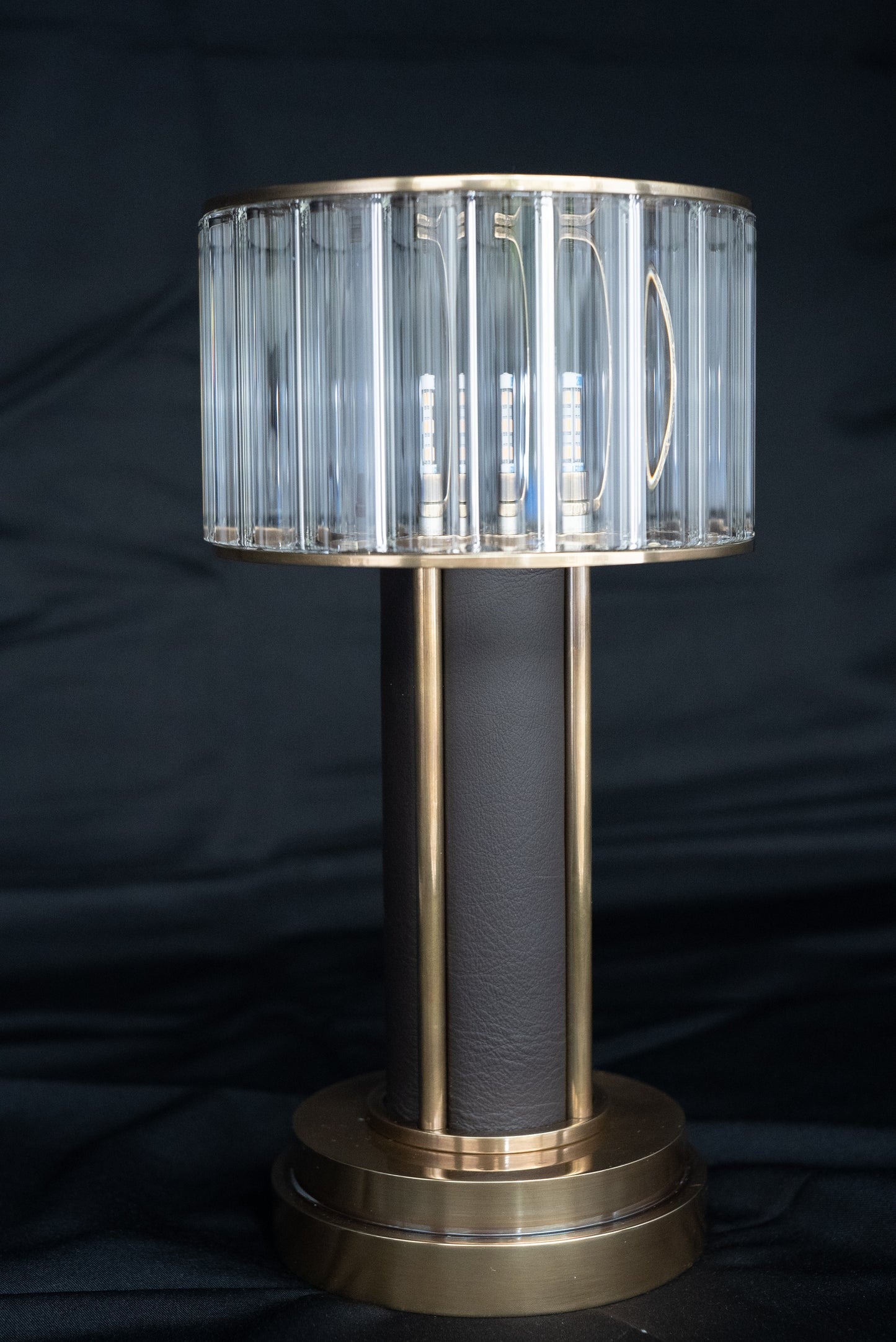 Glass Drum rechargeable LED Table Lamp - Glass Shade with Leather Wrapped Metal Stem and Brass Detailing