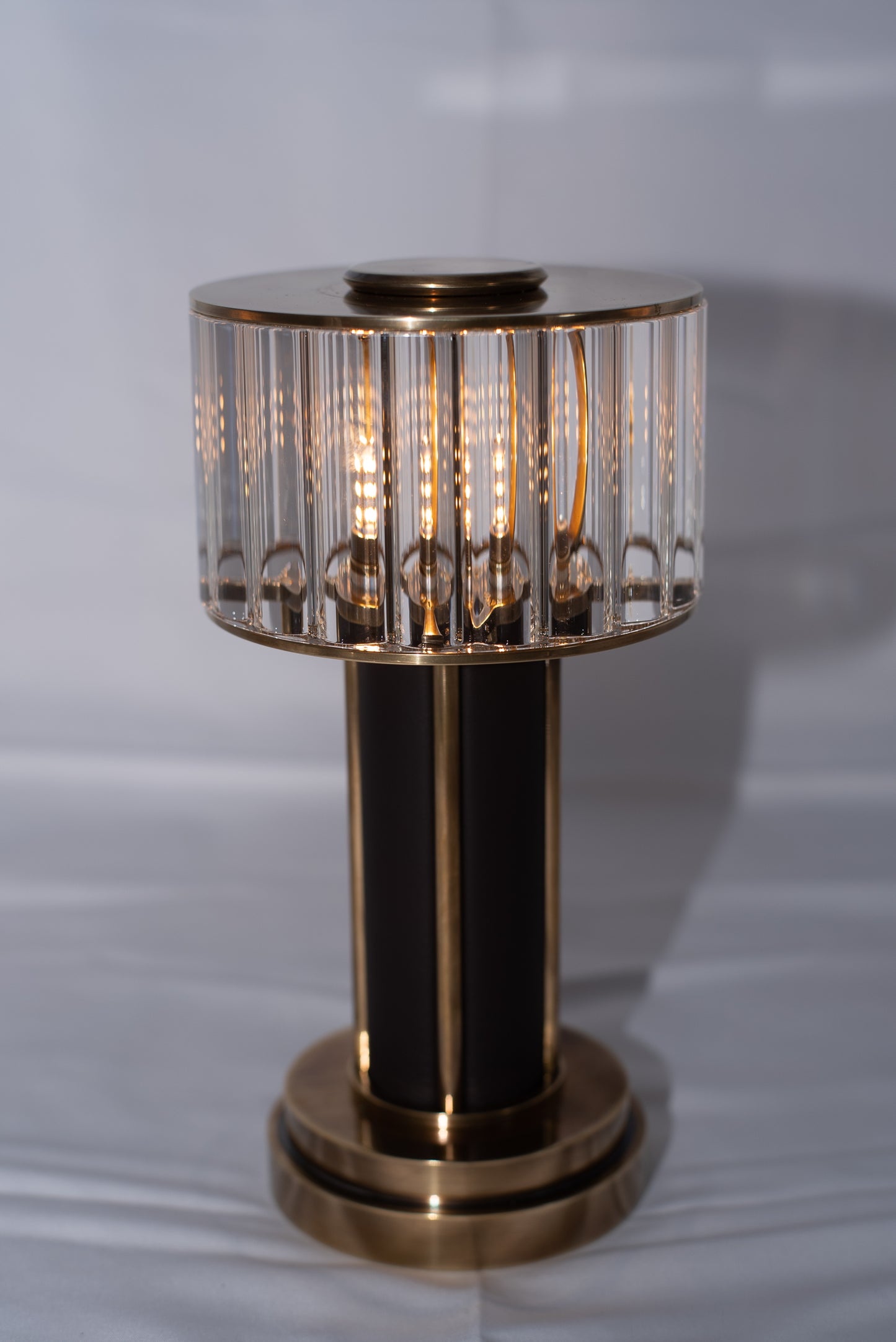 Glass Drum rechargeable LED Table Lamp - Glass Shade with Leather Wrapped Metal Stem and Brass Detailing